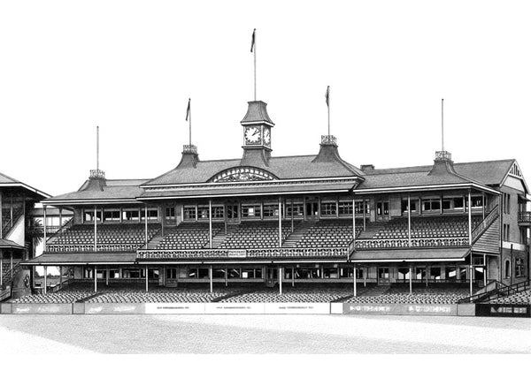 Museum grade print of Johnny Spiller's beautiful pencil and pen drawing of the heritage listed Members Stand at the Sydney Cricket Ground.
